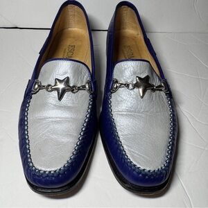 Vtg ESCADA Metallic Blue & Silver Leather Moccasin Loafers Star Charm - Size 7